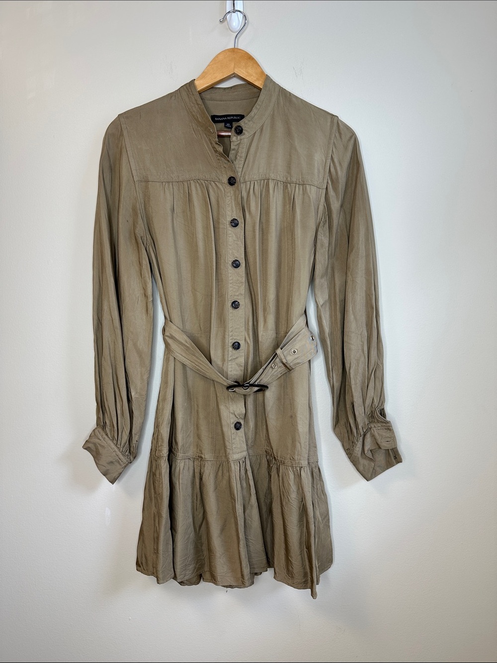 Banana Republic Olive Long Sleeve Belted Button-Front Dress Size XS